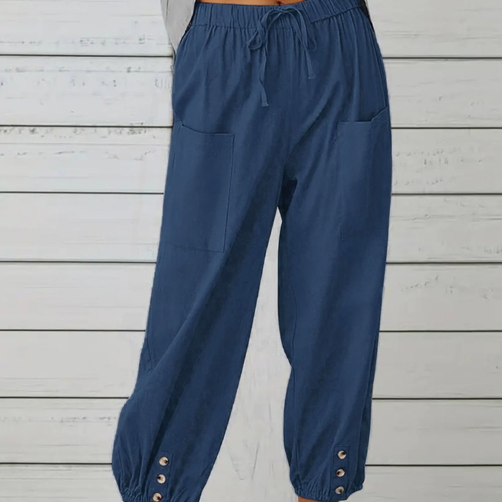 Decorative Button Cropped Pants - Blue